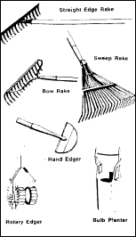Different cultivating tools including a straight edge rake, sweep rake, bow rake, hand edger, rotary edger and bulb planter in black and white. 